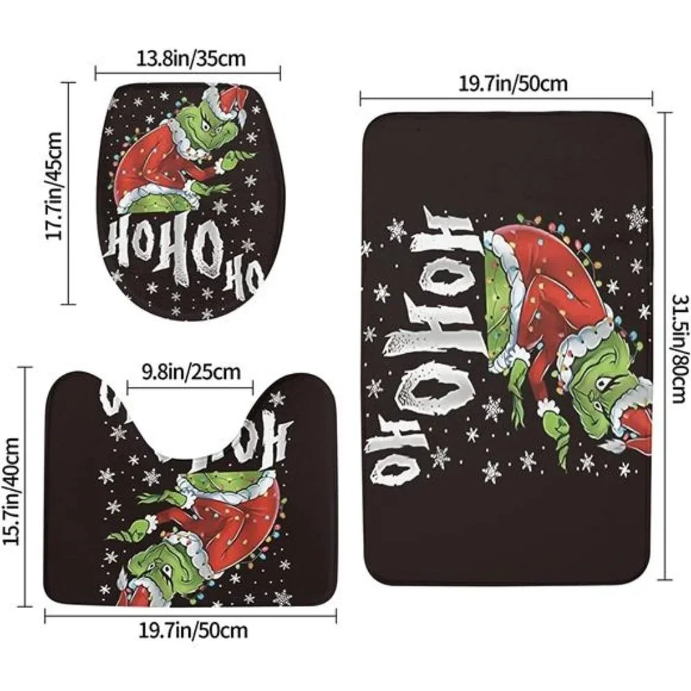 4 Pcs The Grinch Christmas Shower Curtain Set, Toilet Cover and Bath Mat 72x72